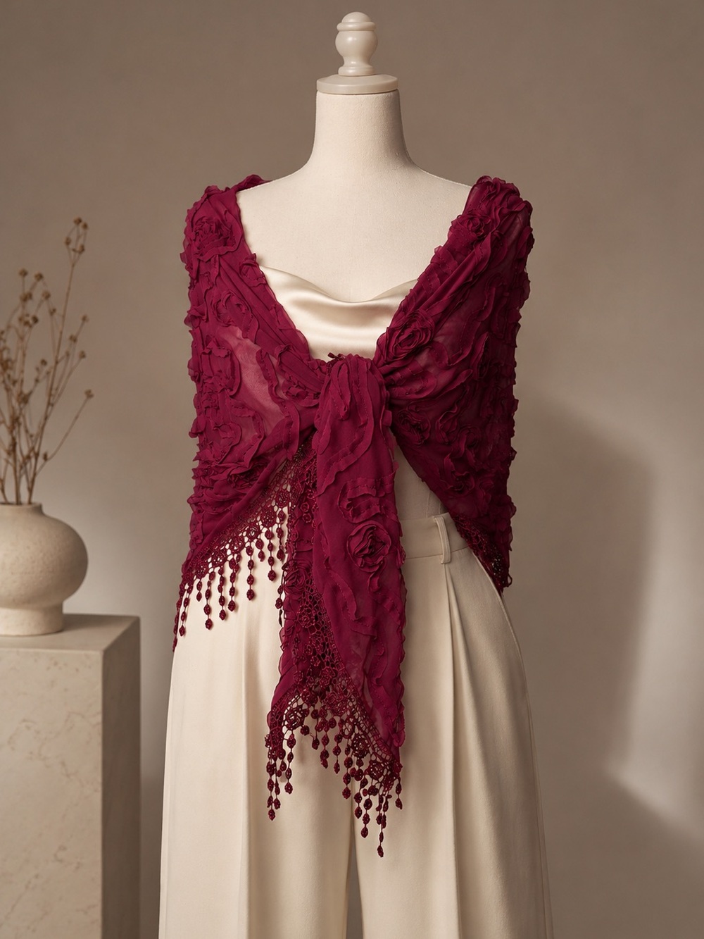 Burgundy 3D Floral Beaded Triangle Shawl Scarf
